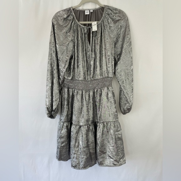 Gap Metallic Silver Smocked Shine Splitneck Mini Dress Available in Med or Large - Picture 2 of 10